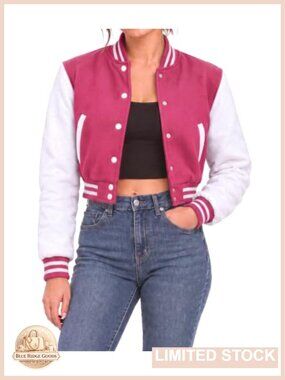 Cropped Varsity Bomber Jacket Women Fleece Letterman Casual Jacket